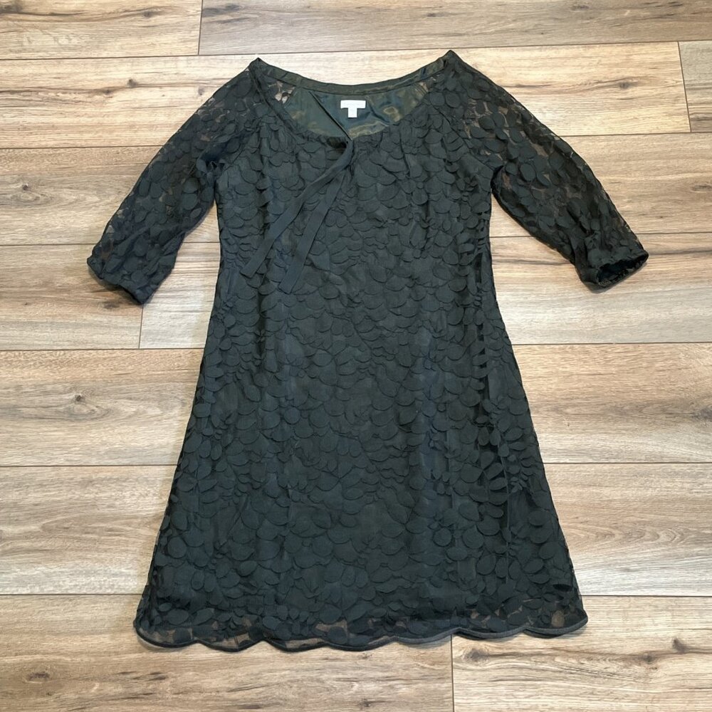 Garnet Hill Boheme Dress SZ 6 Green Easy Lace Overlay 3/4 Sleeve Midi Shift